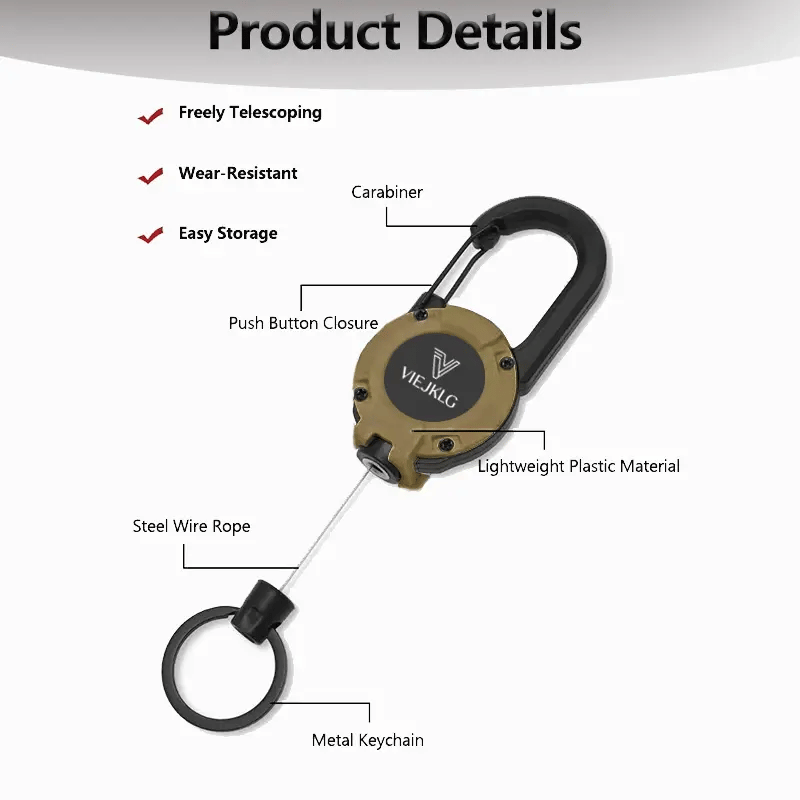 Retractable Carabiner Keychain 🎣 – 65cm Steel Cord, Heavy-Duty Badge Reel, Lightweight EDC Tool for Keys, ID & Outdoor Use
