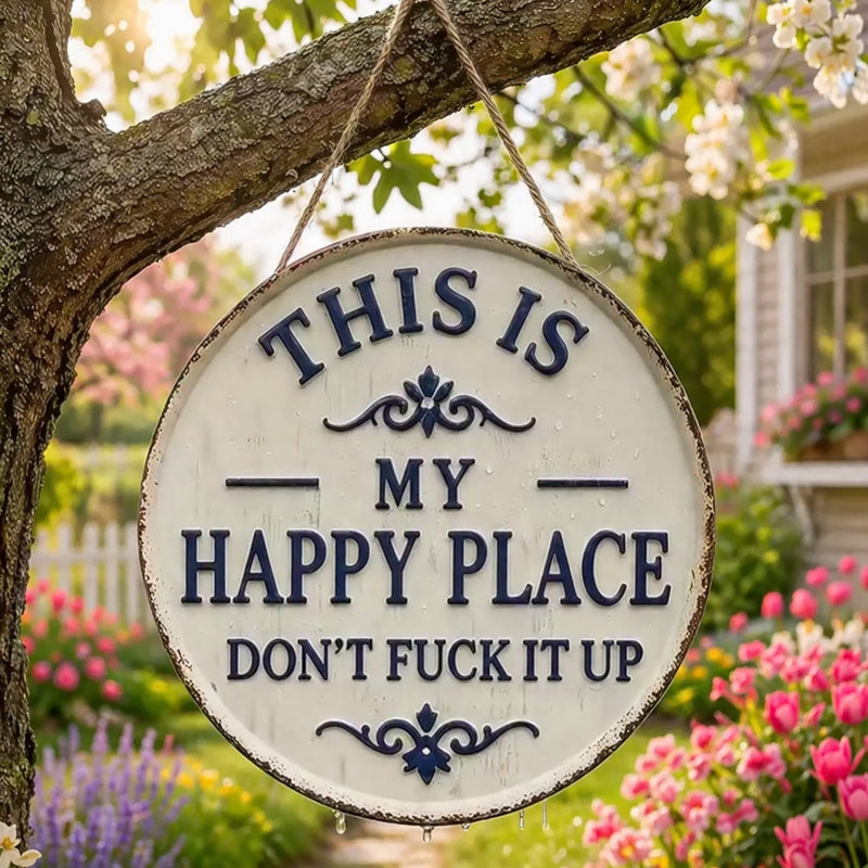 ✨Lugar Feliz – Placa de metal vintage com estampado marcante