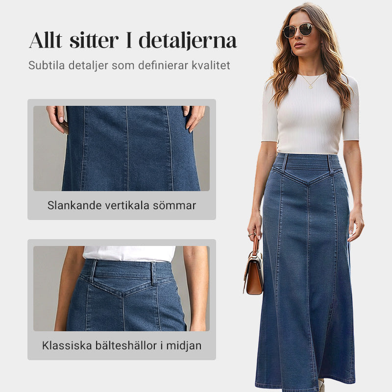 🌟 Förlänger & Smalnar | A-linje Denim Maxikjol | Smickrande Silhuett 💃