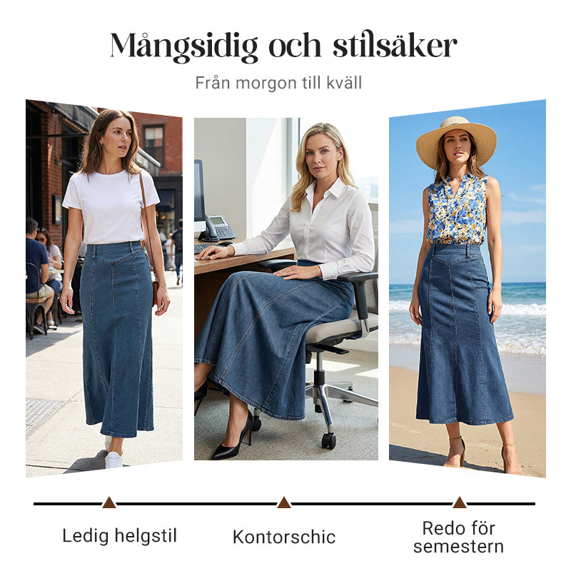 🌟 Förlänger & Smalnar | A-linje Denim Maxikjol | Smickrande Silhuett 💃