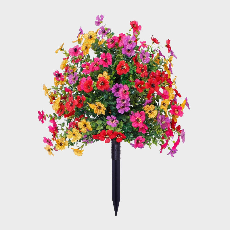 Decoração floral artificial de eucalipto e violeta para inserção no solo.