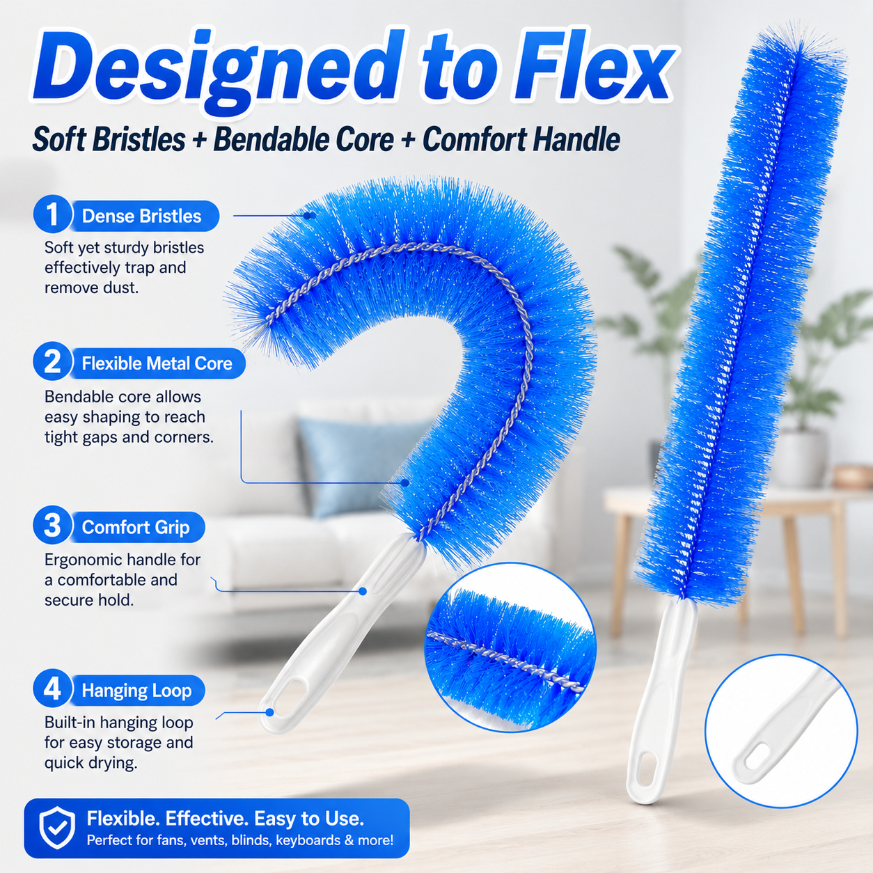 Bendable microfiber head, reusable dust remover