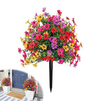 Decoração floral artificial de eucalipto e violeta para inserção no solo.