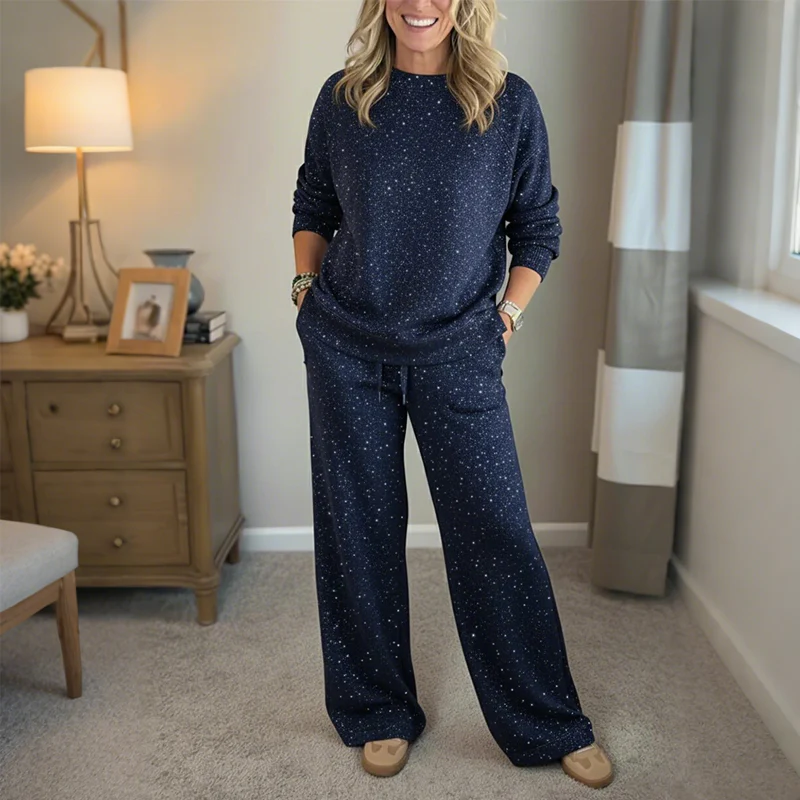 Naisten kaksiosainen kimaltava setti - neulepusero ja housut