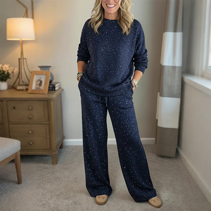 Naisten kaksiosainen kimaltava setti - neulepusero ja housut