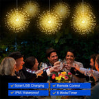 Corrente de luzes de fogo de artifício alimentada a energia solar para jardins e festas.