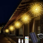 Corrente de luzes de fogo de artifício alimentada a energia solar para jardins e festas.