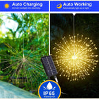 Corrente de luzes de fogo de artifício alimentada a energia solar para jardins e festas.