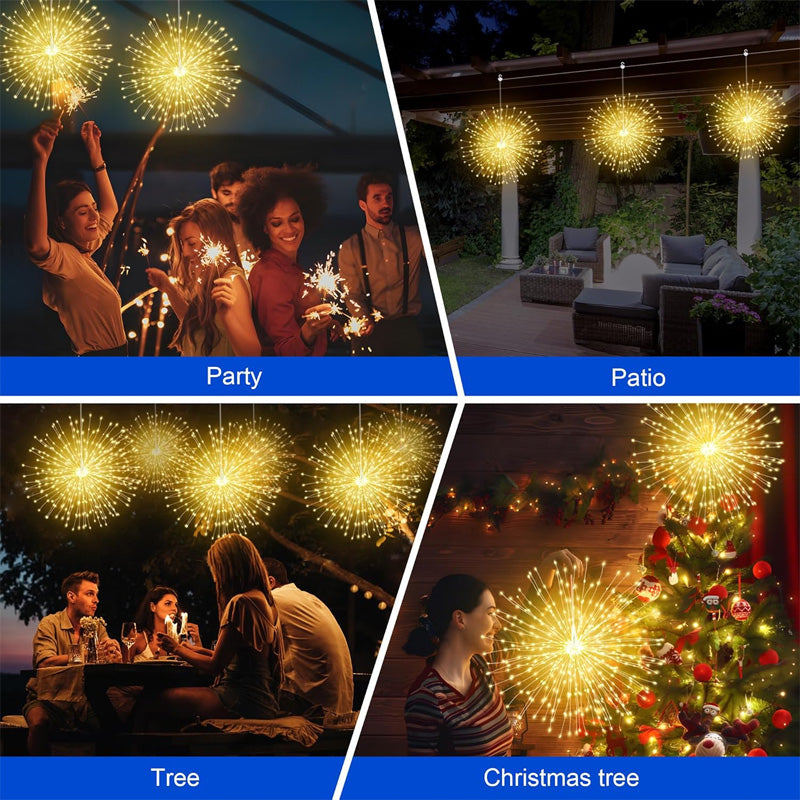 Corrente de luzes de fogo de artifício alimentada a energia solar para jardins e festas.