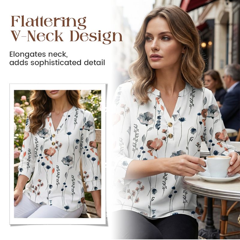 Damskjorta med tryck och V-ringning, avslappnad passform--Fri frakt