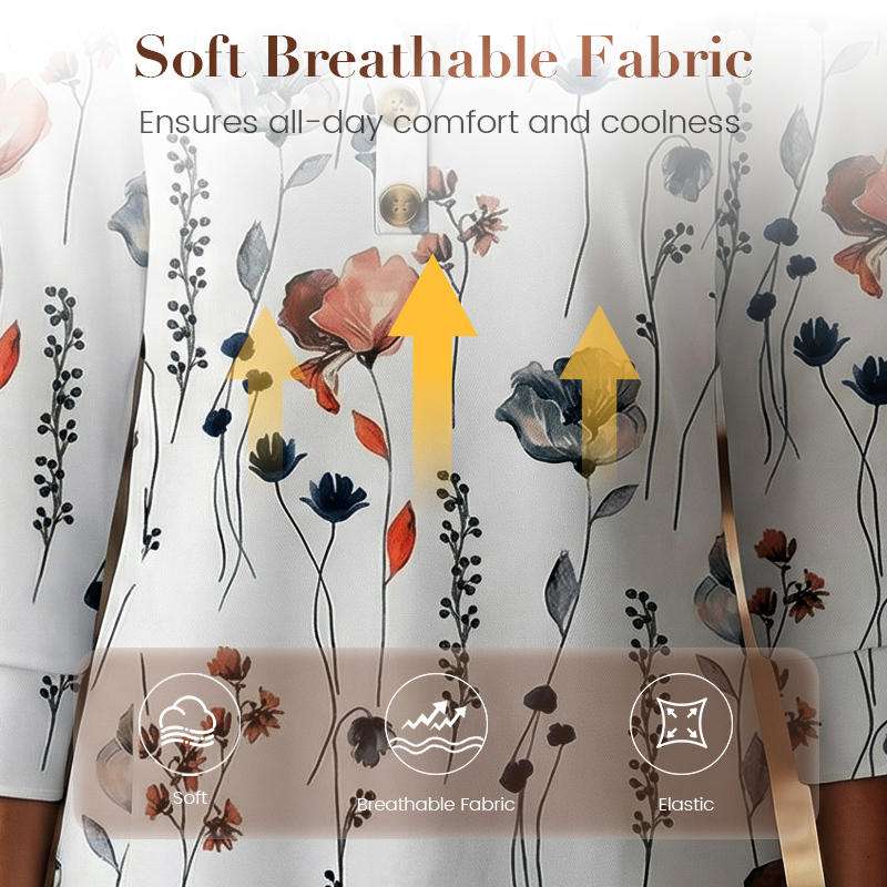 Damskjorta med tryck och V-ringning, avslappnad passform--Fri frakt