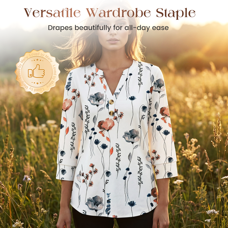 Damskjorta med tryck och V-ringning, avslappnad passform--Fri frakt