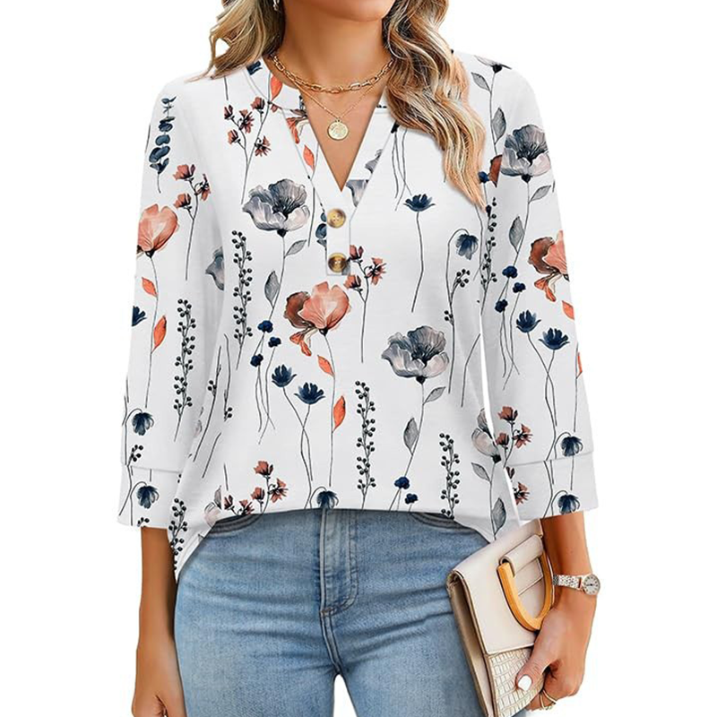 Damskjorta med tryck och V-ringning, avslappnad passform--Fri frakt