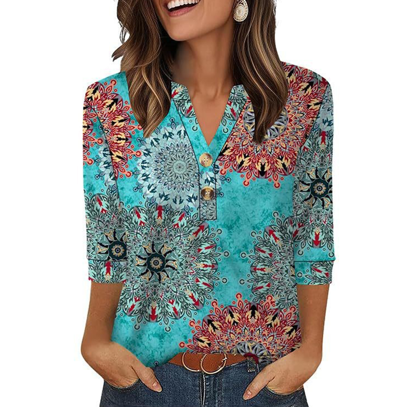 Damskjorta med tryck och V-ringning, avslappnad passform--Fri frakt